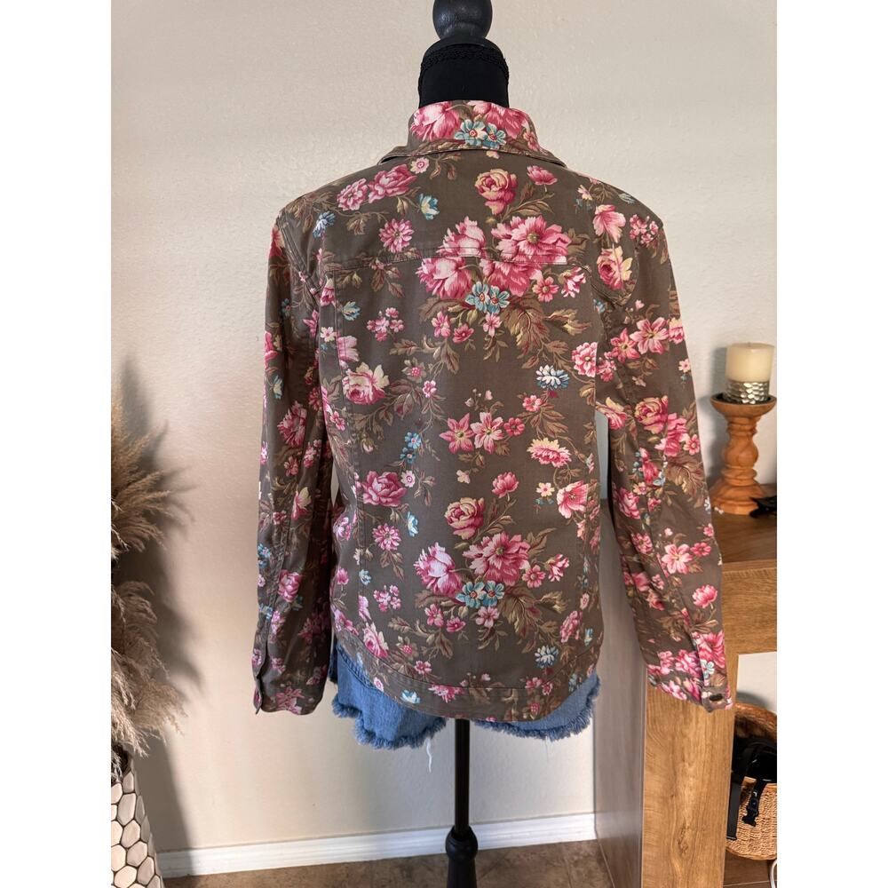Charter Club Womens Floral Denim Trucker Jacket Large Brown Pink Stretch Cotton - Picture 5 of 8